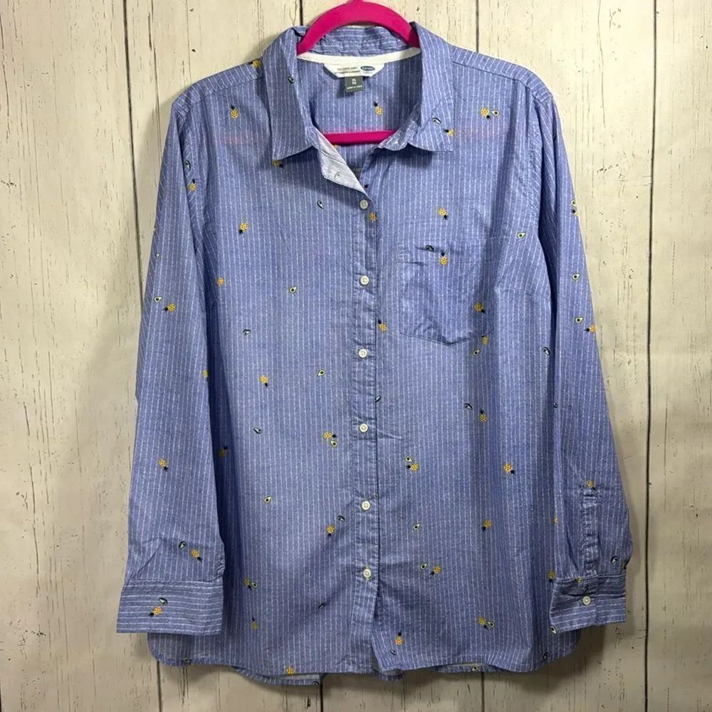 Old Navy Blue Striped Pineapple Embroidered Button Front Shirt XL Coastal Preppy